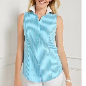 NWT Talbots Plus Blue Stripe Top Non Iron Shirt 16W Button Up Blouse Collar
